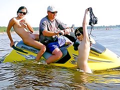 Amazing teen nudist hops on the back of a jet ski