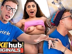 FAKEhub - Molten Indian British model licks the jizz of dorks glasses after he cums on his own face