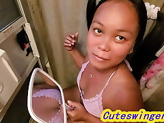 #Im in Pigtails Asian on toilet & likes big cock & swallowing cum