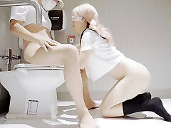 Lovely Light-haired Asian College Girl Skips Classes To Pummel With Her BF In the Toilet