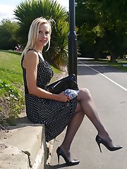 Gorgeous stiletto wearing lady Monica, is outdoors in a lovely dress with sharp pointy high heel...