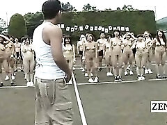 Subtitled Japanese nudist CMNF outside group stretching