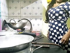 Indian bhabhi cooking in kitchen and drilling brother-in-law