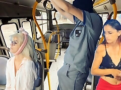 Worker takes stick out and thighs damsels on public transport!
