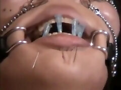 Jap BBW gimp got needles pierced lip to keep her throat shut