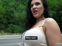 Romanian busty bitch Honey Demon is flashing bosoms in public before sex for money
