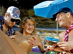 French teen Evy Sky has a very crazy rectal threesome on the beach