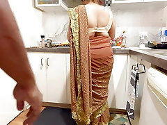 Indian Couple Romance in the Kitchen - Saree Fucky-fucky - Saree lifted up, Ass Smacked Boobs Press