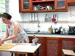 Ravioli Time! Naked Cooking. Regina Noir, a naturist cook at nudist hotel resort. Nude maid. Naked housewife. Camera 1