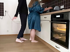 Crazy mom-in-law and son-in-law masturbate together in the kitchen