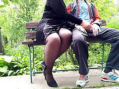 Unfamiliar Cougar in pantyhose jerked off my cock in the park on a bench
