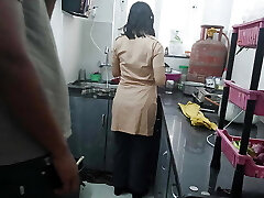 The nymph got ready to go to college and was cooking while the neighbor fucked her.