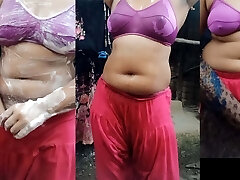 Desi village girl shower scene in open bathroom. Bangla porn video of desi uber-sexy girl akhi
