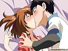 Huge-chested anime coed very first time kissing and sex