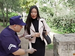 Dressed like a police officer stud finds two foreign girls to have intercourse with