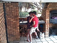 Spycam: CC TV self catering accomodation couple pulverizing on front porch of nature reserve 