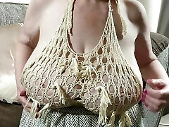 Mature Sally's huge fun bags in a skimpy top which leaves nothing to the imagination