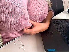 Hot Step Mother Seduces Step Son in the office, shows him white nipples and Makes phat cock Handjob