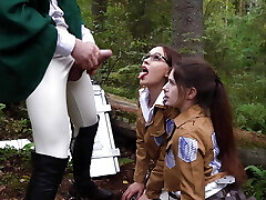 Attack on titan. Sloppy 3some blowjob for commander in the forest Attack on titan. Sloppy 3some blowjob for commander in the forest