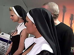 Two horny nuns get surprised with big hard cocks