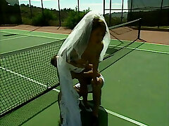 Stunning young giant tit bride is licked by tennis coach