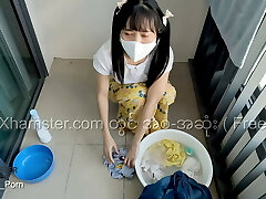 Myanmar Tiny Maid likes to fuck while washing the clothes