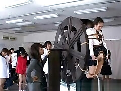 japanese schoolgirls disciplined on waterwheel