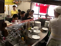Kitchen maid in Asia Shop gets nailed by every dude in the Shop