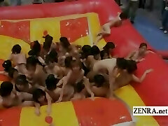 Subtitled huge group of Japanese nudists lube wrestling