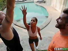 Two tall and big dudes boink petite Latin chick Katya Rodriguez Two tall and big dudes boink petite Latin chick Katya Rodriguez