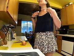 Longpussy, In the kitchen, Butt Plugs, Lots of Lube, Pierced Hot MILF, Short Miniskirt, Floppy Tits and some food prep.