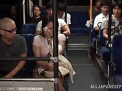 Two Guys Penetrating a Busty Japanese Girl's Big Boobs in the Public Bus