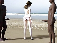 bianco ragazza prende oscurati su il spiaggia da 2 bbcs