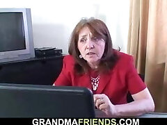 Old granny boss guzzles two cocks on work place