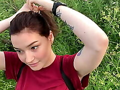 public outdoor sucky-sucky with creampie from shy gal in the bushes - Olivia Moore