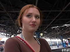 Redhead Eurobabe flashes her big melons in bus station