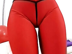 Big Cameltoe and Round Rump Babe In Tight Red Spandex