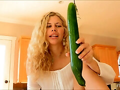 Gigantic green veggie and a beautiful blonde girl fucking