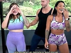 Yoga coach got a dick when he spread two latinas and they had to suck his cock