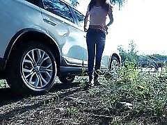Urinate Stop - Urgent Outdoor Roadside Pee and Cock Sucking by Asian Girl Tina in Blue Jeans