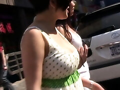 Cumming on immense boobs outdoor