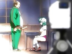 Pretty hentai schoolgirl stretches before man
