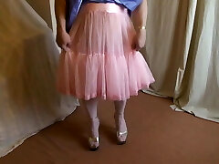Lilac bridesmaid dress, pink petticoat and platform high-heeled slippers