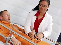 Insane and hot black doctor showcases her tits before patient fucks her mish