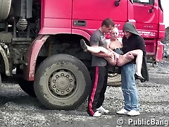 Construction site PUBLIC group sex with a young pretty girl