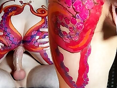Horny stepsister with huge octopus tat on ass helps her masturbating stepbrother to cum hard in her pussy