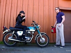 Smoking tramp in torn fishnets Arabelle Raphael bangs anal hole of one kinky dude