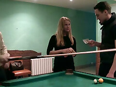 Trashy nympho in black tights gets fucked on the billiard table