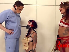 Tattooed dame in bondage enjoying her anal getting inserted with toys in BDSM sex