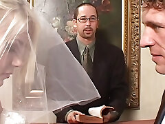 Blindfolded bride gets surprised by 2 hard cocks at once
